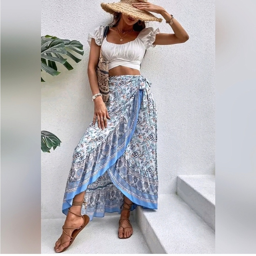New Flowy Boho Floral Wrap Ruffle Maxi Skirt White Blue